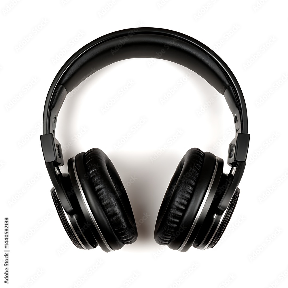 A pair of black over-ear headphones, isolated on a clean white background. A pair of black over-ear headphones, isolated on a clean white background.