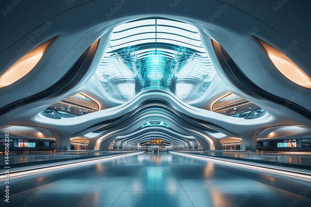 Futuristic airport terminal featuring flowing symmetrical lines and a sleek design with bright illumination Futuristic airport terminal featuring flowing symmetrical lines and a sleek design with bright illumination