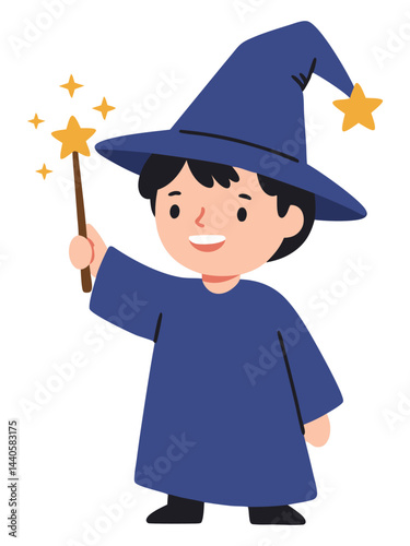 Cheerful Cartoon Wizard with Magic Wand and Sparkling Stars Illustrating Fantasy and Adventure