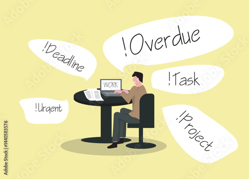 Businessman overwhelmed by urgent tasks, deadlines, overdue projects, and workplace pressure. Concept of stress, work overload, time management problems, and career anxiety.