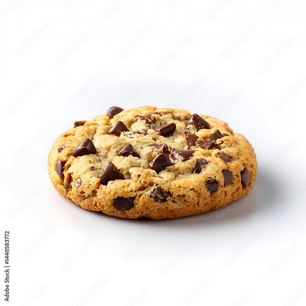 A single, delicious chocolate chip cookie isolated on a clean white background A single, delicious chocolate chip cookie isolated on a clean white background