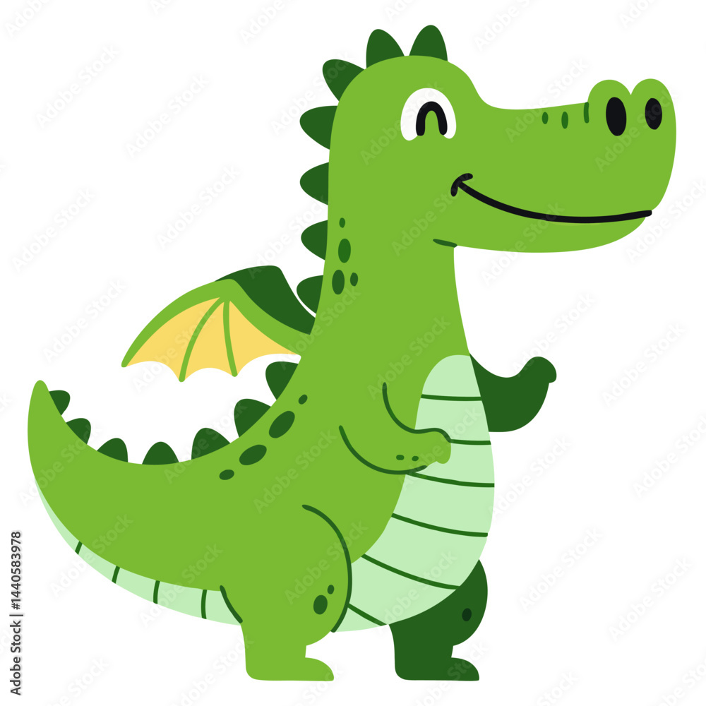 Fototapeta premium Cute Green Dragon Character with Smile and Friendly Expression Standing in Playful Pose