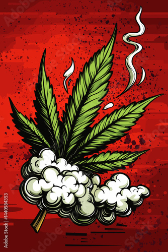 Bold illustration of cannabis leaves with smoke.