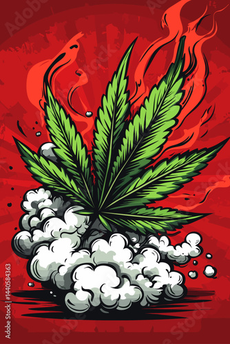 Bold illustration of cannabis leaves with smoke.