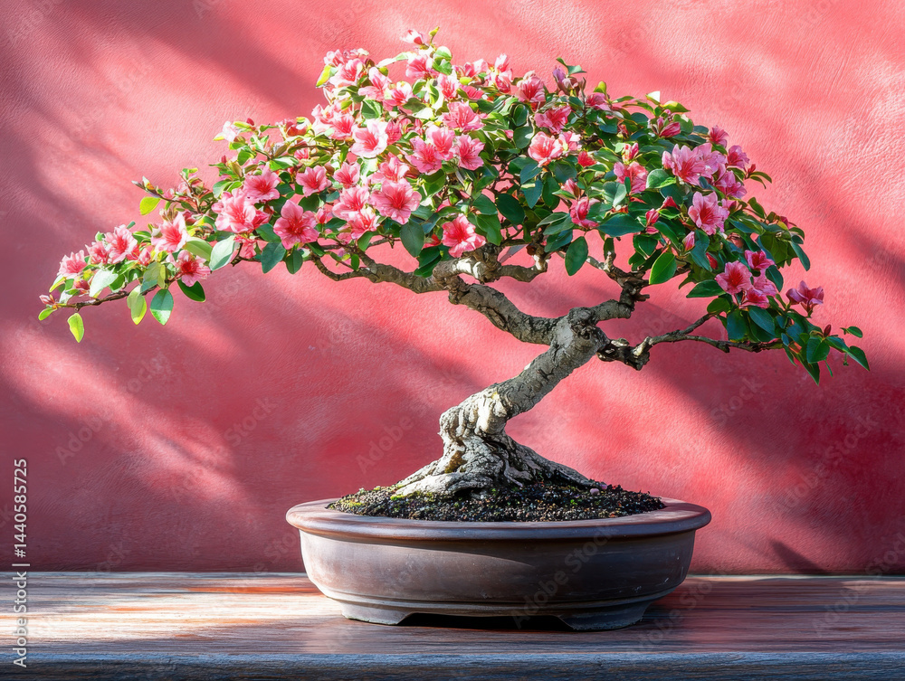 Beautifully shaped bonsai tree with vibrant pink flowers stands against textured red wall, creating serene and artistic display. intricate branches and lush foliage evoke sense of tranquility