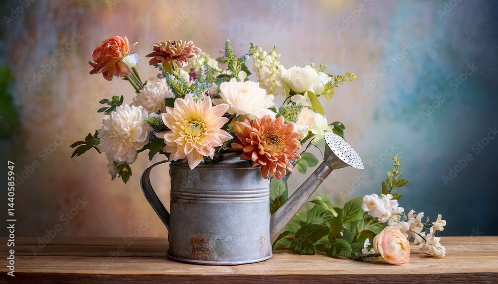 Fototapeta premium watering can with flowers looking like an old still life painting vintage and shabby mood
