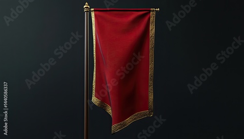 Deep red banner on dark wood pole, gold trim