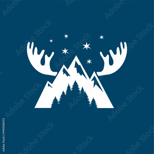Vector silhouette of mountains with forest and horns
