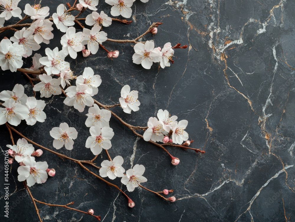 Delicate cherry blossoms with pink buds are arranged on dark marble surface, creating striking contrast. elegant floral display evokes sense of tranquility and natural beauty