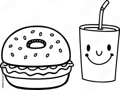 Fast food illustration features a tasty cartoon hamburger and a sweet drink