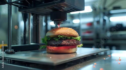 Obraz na płótnie Burger being printed by 3D food printer in restaurant kitchen. w salonie
