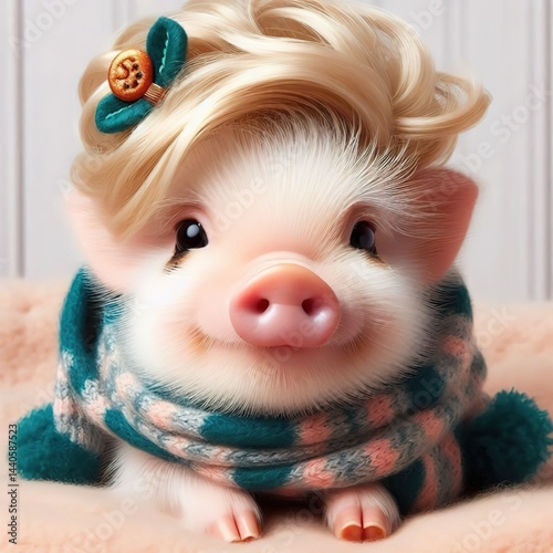 Little pig with blonde hairstyle concept and scarf christmas cute