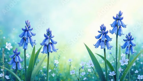Delicate watercolor bluebells in a continuous all-over print , soft, design, bluebells