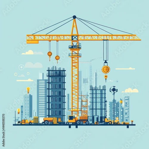 Construction site with cranes and workers building modern skyscrapers in a vibrant city backdrop