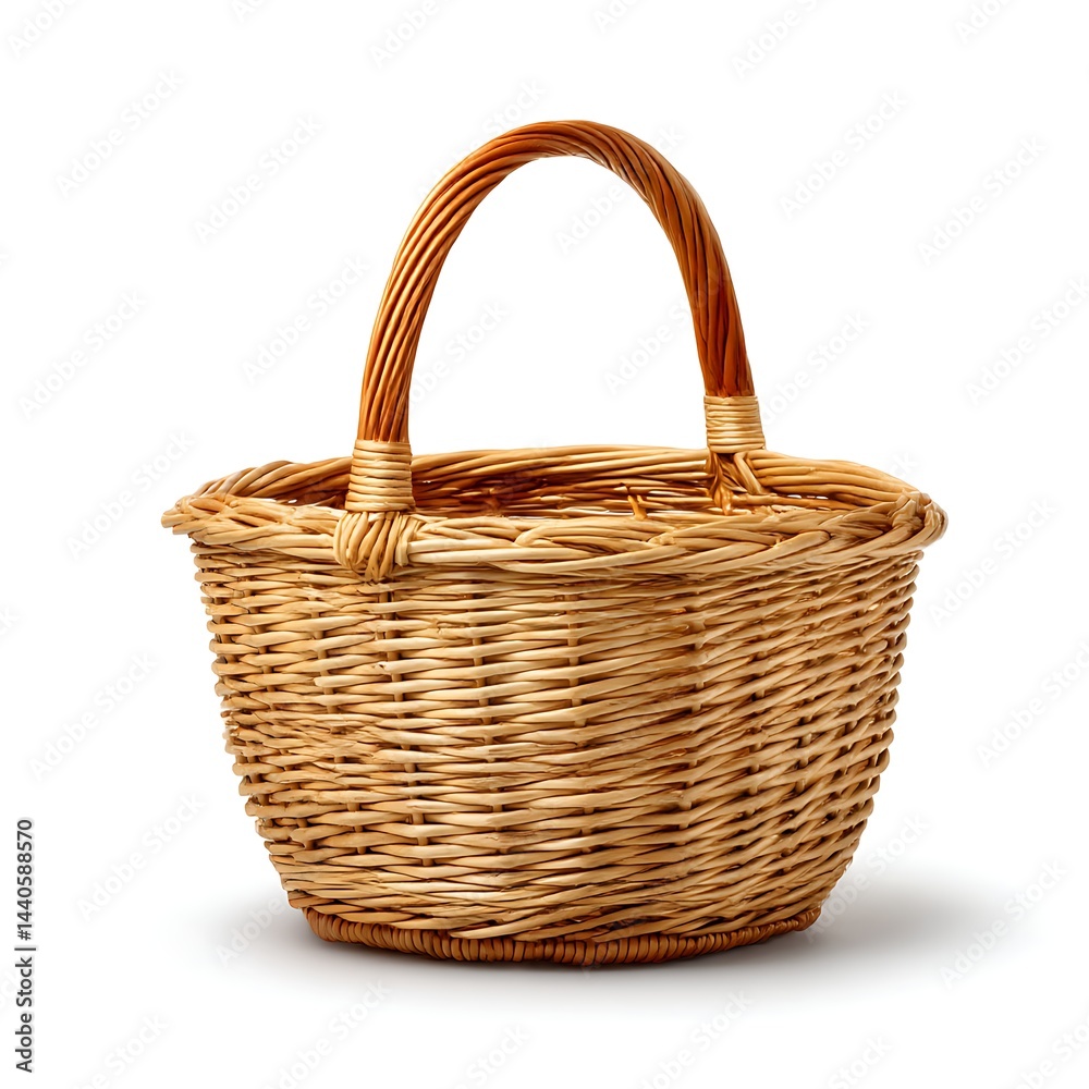 An empty wicker basket with a handle, isolated on a clean white background An empty wicker basket with a handle, isolated on a clean white background