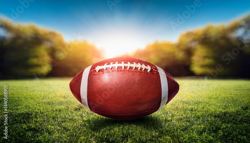 a red american football on a grassy field with a blurred background of trees and sunlight