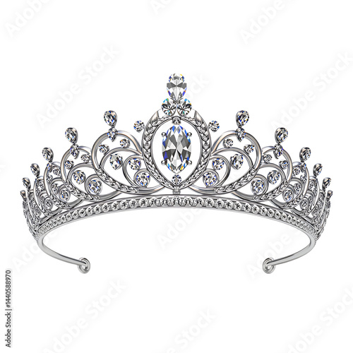 Sparkling silver tiara with clear gemstones. Royal, elegant, luxury.