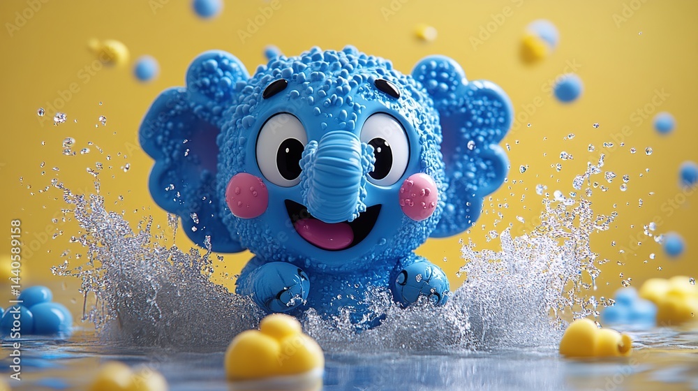 Adorable blue elephant toy splashing in water with yellow ducklings