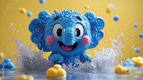 Obraz na płótnie Adorable blue elephant toy splashing in water with yellow ducklings w salonie
