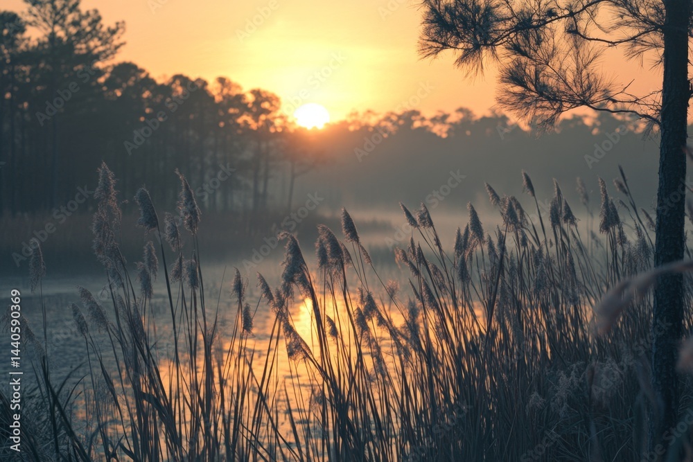 Obraz premium Sunrise over tranquil water, reeds, and mist