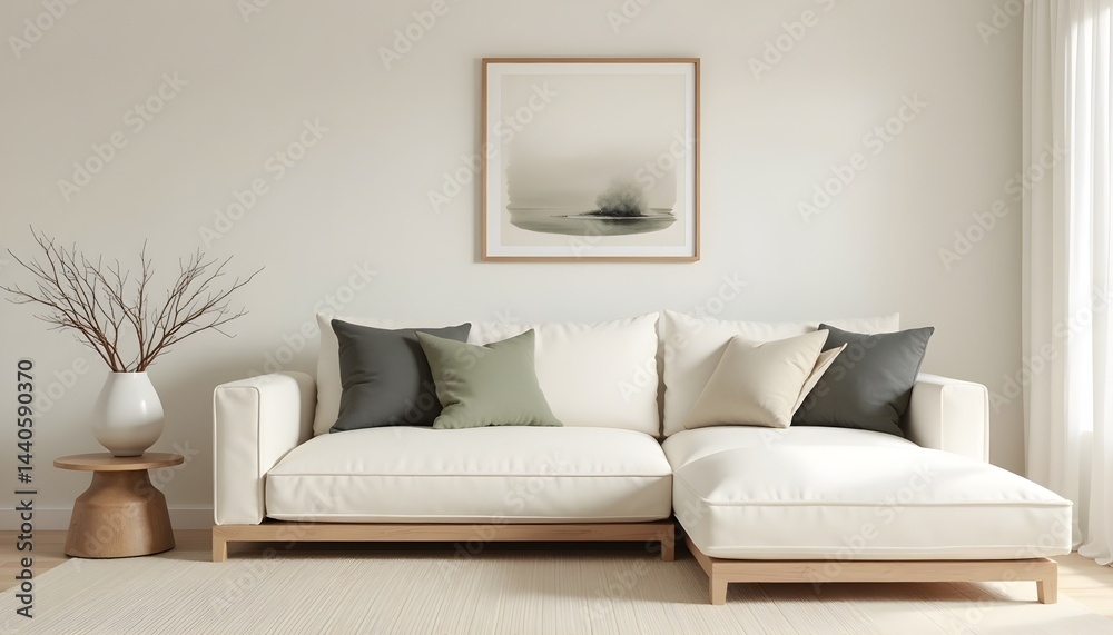 Neutral-toned sectional sofa with various throw pillows in a minimalist living room setting. Tranquil and serene atmosphere.