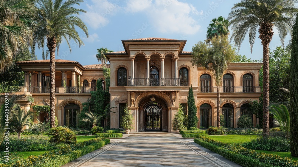 Naklejka premium Luxury mansion exterior with garden, palm trees, and clear sky