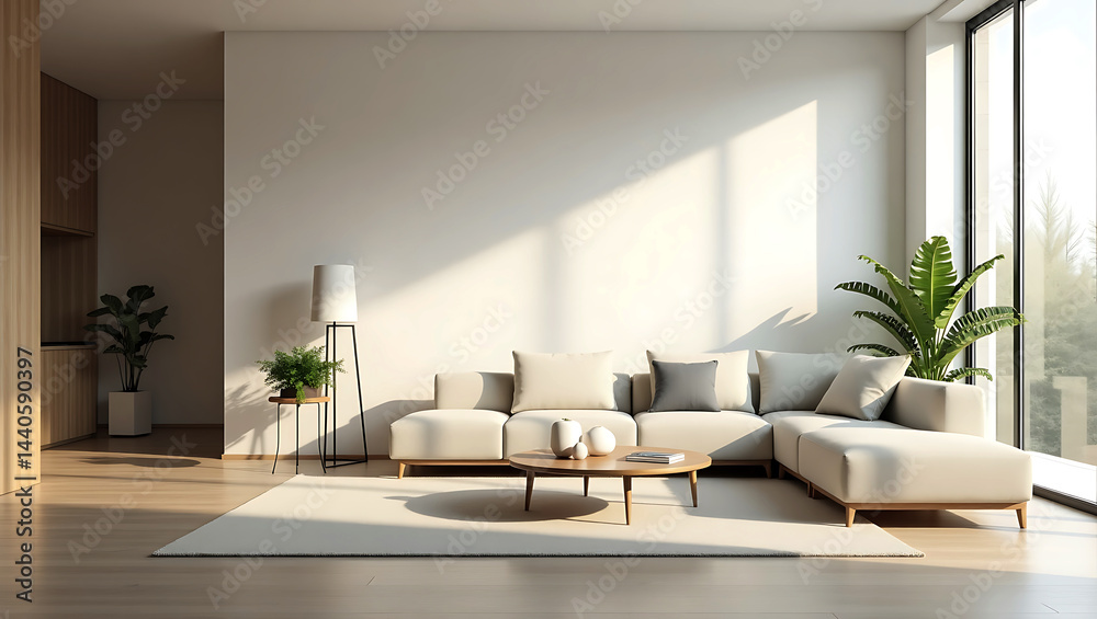 Fototapeta premium Minimalist Living Room Scandinavian Modern Home Interior Cozy Sofa Furniture