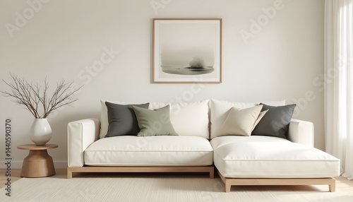 Obraz na płótnie Neutral-toned sectional sofa with various throw pillows in a minimalist living room setting. Tranquil and serene atmosphere. w salonie