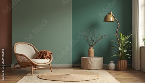 Obraz na płótnie Relaxing room corner with a woven chair, jute rug, and plants against a two-toned wall. Earthy tones create a calming ambiance. w salonie