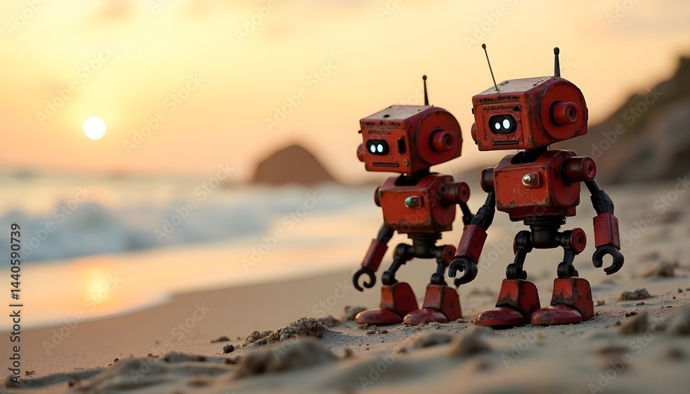 Two rusty red robots stand on a sandy beach as the sun sets, creating a warm, nostalgic scene.