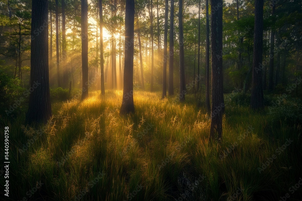 Golden sunlight streams through misty forest Golden sunlight streams through misty forest