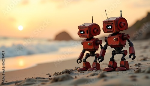 Obraz na płótnie Two rusty red robots stand on a sandy beach as the sun sets, creating a warm, nostalgic scene. w salonie
