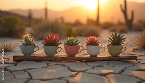 Obraz na płótnie Five succulents in teacups at sunset. Warm colors and desert landscape create a serene scene. w salonie