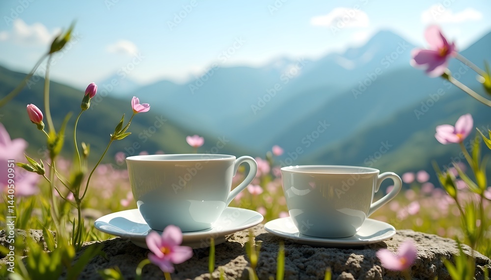 Two cups of tea sit amidst a field of pink flowers, with a majestic mountain range in the background. A peaceful, picturesque scene.