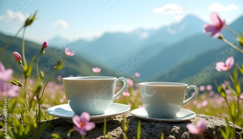 Obraz na płótnie Two cups of tea sit amidst a field of pink flowers, with a majestic mountain range in the background. A peaceful, picturesque scene. w salonie
