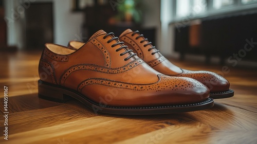 Pair of brown leather brogue shoes with black laces sitting on a varnished wood floor showcasing quality craftsmanship