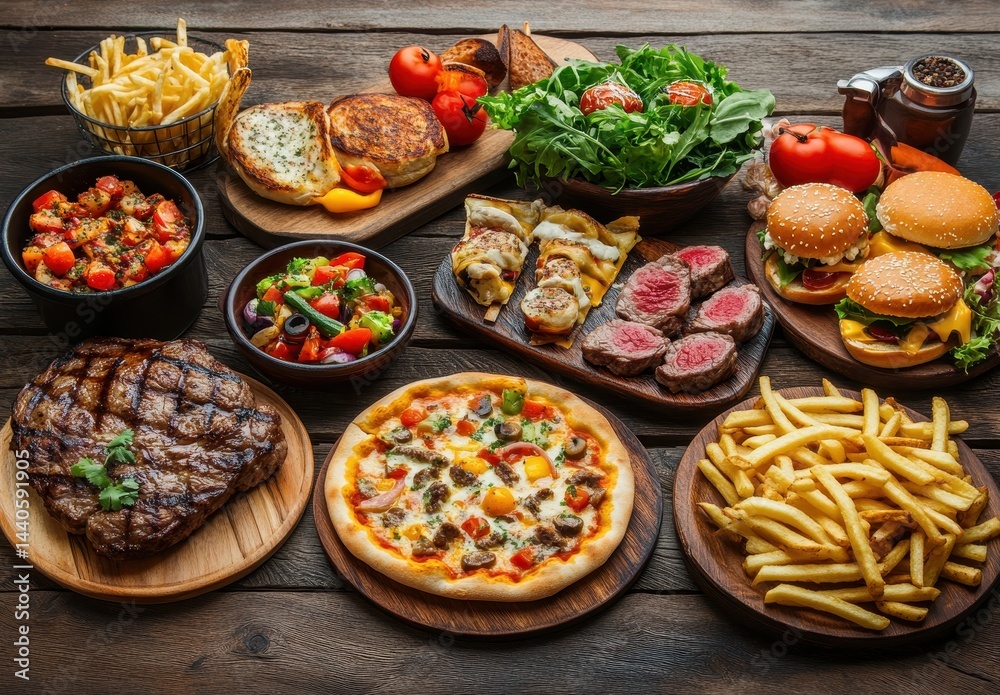 Fototapeta premium Delicious assortment of classic comfort foods including burgers, fries, salads, pizza, and steak displayed on rustic wooden table for gourmet experience