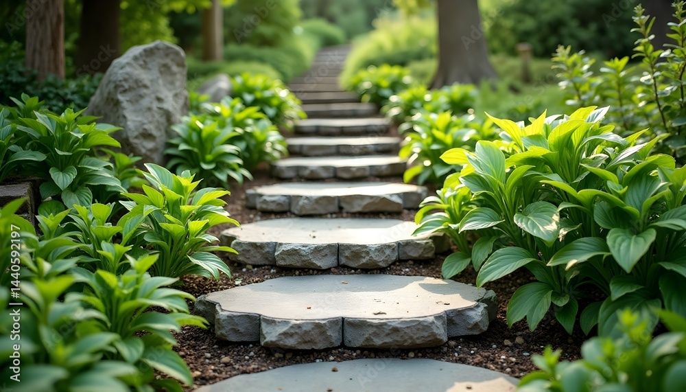 Stone steps wind through a lush garden, creating a tranquil and inviting pathway.