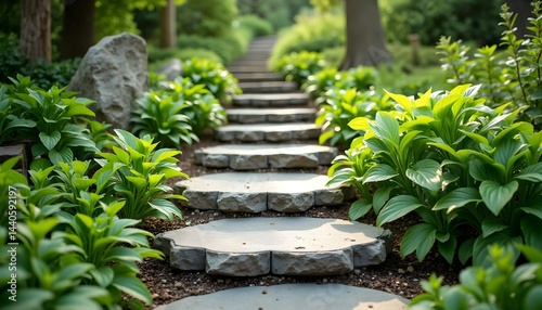 Obraz na płótnie Stone steps wind through a lush garden, creating a tranquil and inviting pathway. w salonie