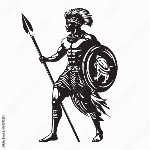 Zulu Warrior Portrait With Shield and Spear Standing Image vector isolated on white background.