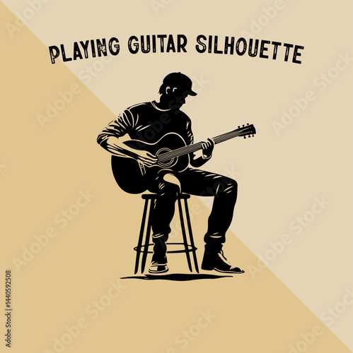 Silhouette of Person Playing Guitar. Musician Playing Guitar Silhouette.