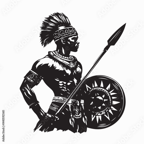 Zulu Warrior Portrait With Shield and Spear Standing Image vector isolated on white background.