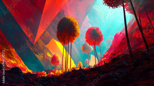A surreal fantasy landscape with colorful trees and geometric structures in a vibrant, dreamlike setting