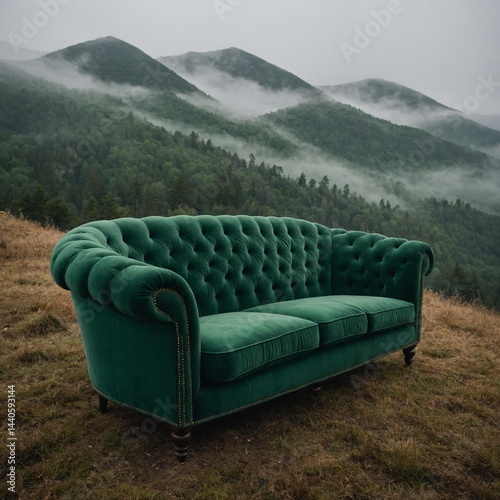 A forest green sofa on a misty mountain ridge.