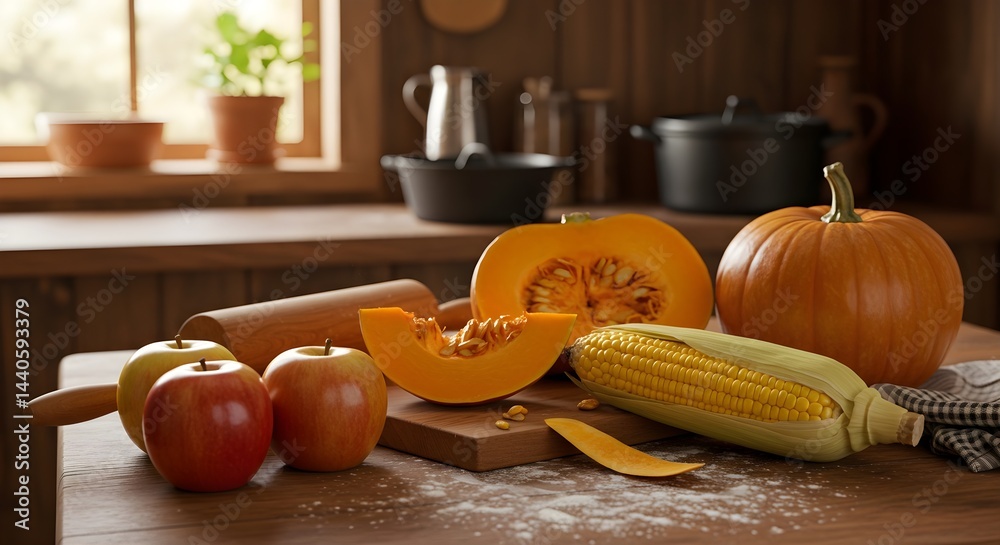 Autumn harvest still life: pumpkins, apples, and corn on a rustic kitchen table. Warm, inviting colors and textures.