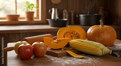 Obraz na płótnie Autumn harvest still life: pumpkins, apples, and corn on a rustic kitchen table. Warm, inviting colors and textures. w salonie