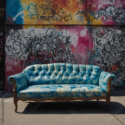 A watercolor-painted sofa against a wall of street art.