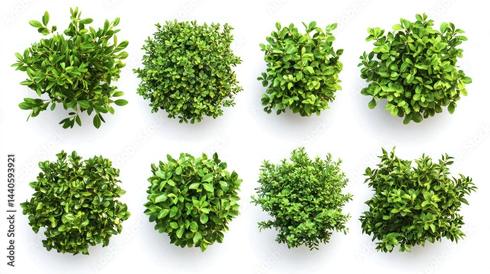 Set of dense and vibrant green garden bushes with tiny, bright blossoms on a white background. Set of dense and vibrant green garden bushes with tiny, bright blossoms on a white background.