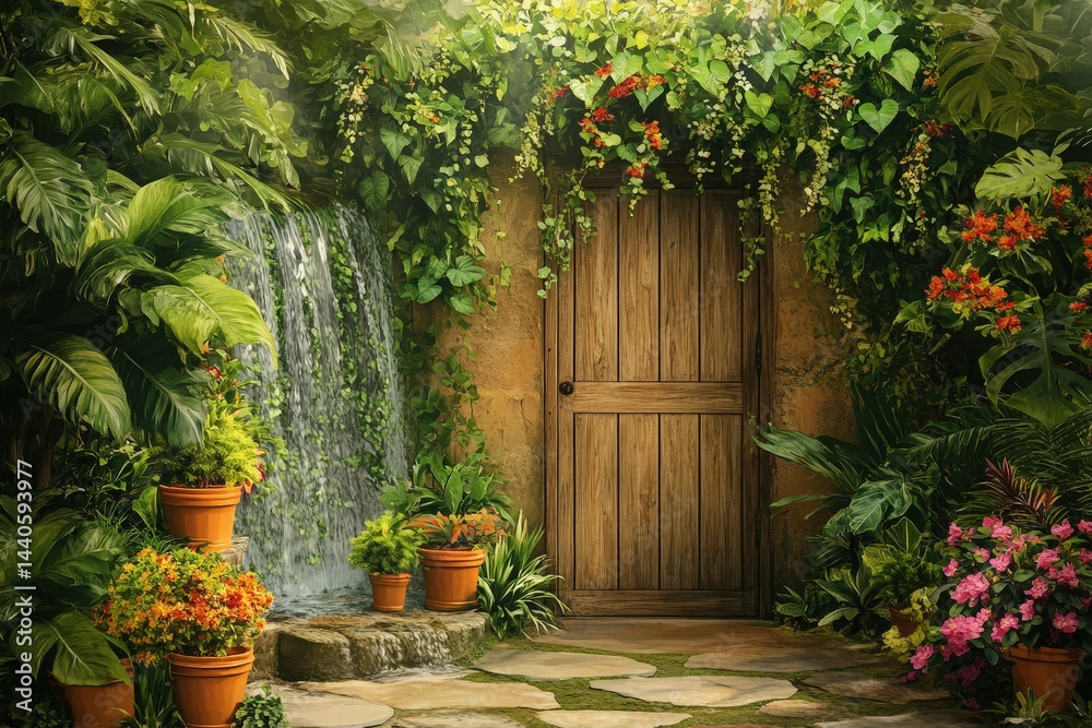 Fototapeta premium Lush garden scene with a waterfall and wooden door.