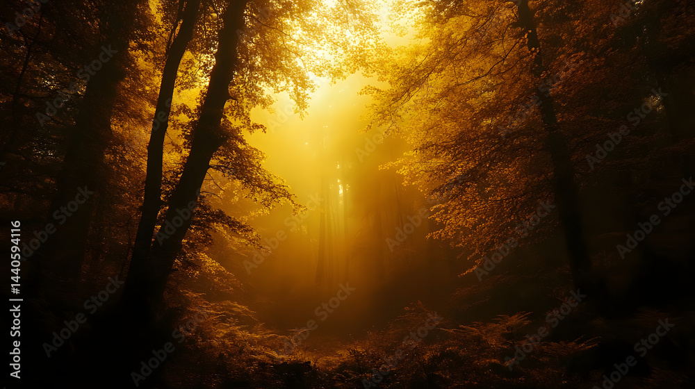 Fototapeta premium A foggy autumn morning in a dense forest with golden foliage.